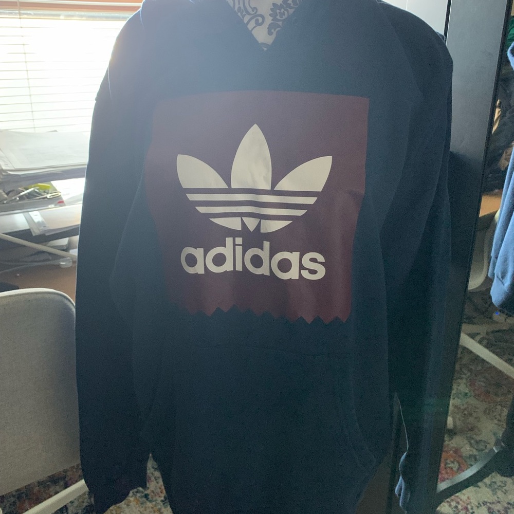 Adidas navy Hoodie with Maroon Logo Box and White Trefoil